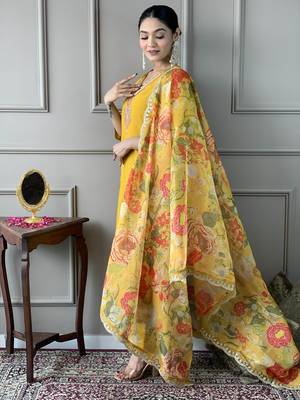 Women's Mustard Chanderi Embroidered Straight Kurta Pant and Dupatta Set 3