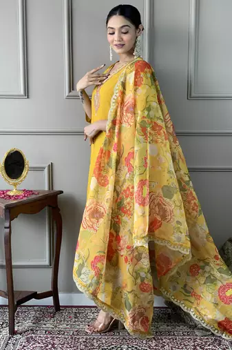 Women's Mustard Chanderi Embroidered Straight Kurta Pant and Dupatta Set