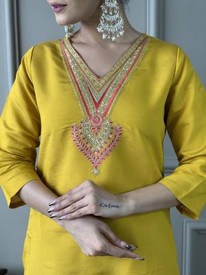 Women's Mustard Chanderi Embroidered Straight Kurta Pant and Dupatta Set 4