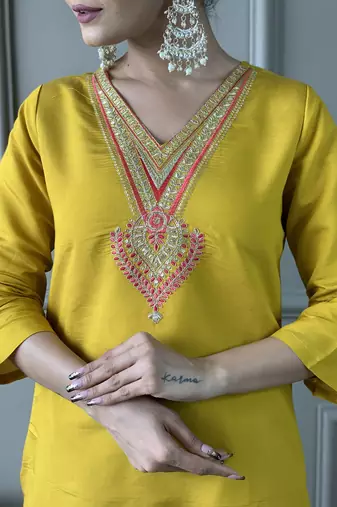 Women's Mustard Chanderi Embroidered Straight Kurta Pant and Dupatta Set