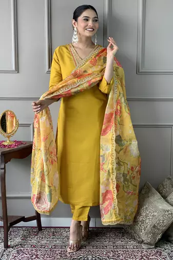 Women's Mustard Chanderi Embroidered Straight Kurta Pant and Dupatta Set