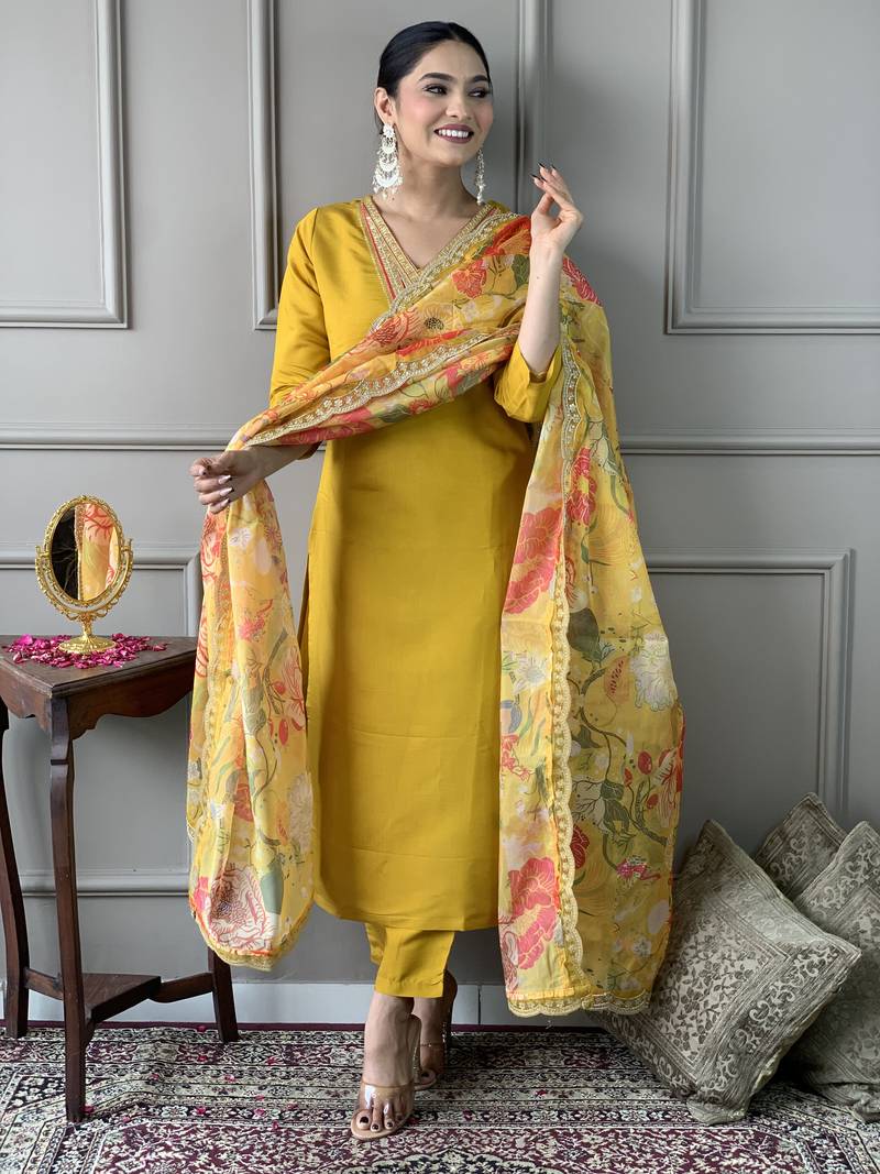 Women's Mustard Chanderi Embroidered Straight Kurta, Pant and Dupatta Set