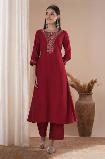 Embroidered a line kurta in silk blend fabric paired with lined palazzos.