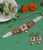 Multi color choker matte gold rajwadi temple necklace set