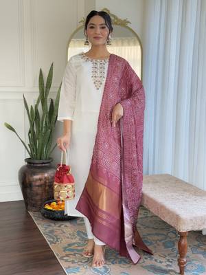 Women's Roman Silk Embroidered Straight Kurta Pant and Dupatta Set 1