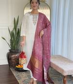 Women's Roman Silk Embroidered Straight Kurta, Pant and Dupatta Set