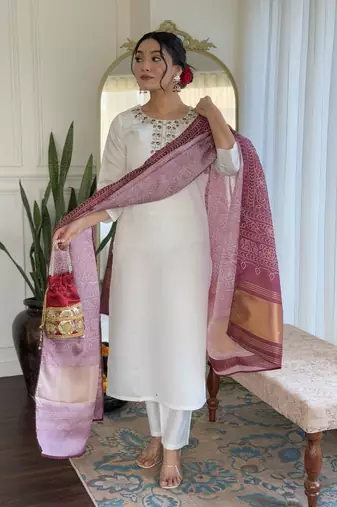 Women's Roman Silk Embroidered Straight Kurta Pant and Dupatta Set