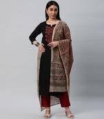 Straight cotton suit set with machine embroidery and a printed kalamkari dupatta.