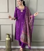 Women's Wine Rayon Slub Embroidered Straight Kurta, Pant and Dupatta Set