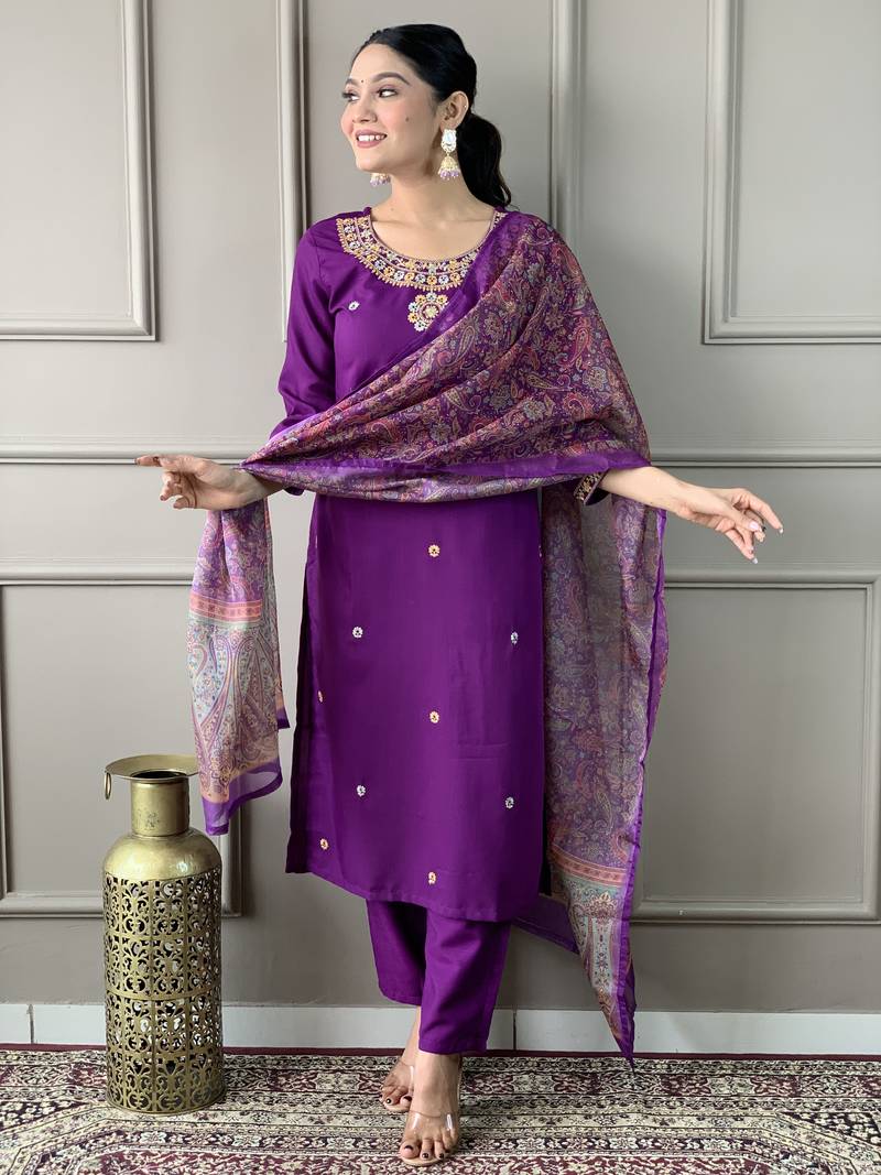 Women's Wine Rayon Slub Embroidered Straight Kurta, Pant and Dupatta Set