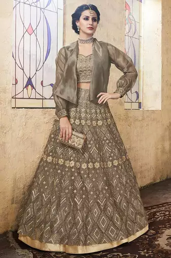 Grey Embroidered Organza Lehenga