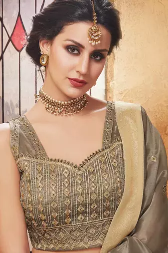 Grey Embroidered Organza Lehenga