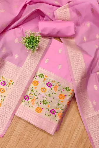 Baby pink pure zari soft banarasi silk 3pc dress material