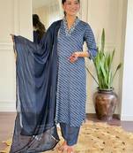 Women's Muslin hand Embroidered Straight Kurta, Pant and Dupatta Set