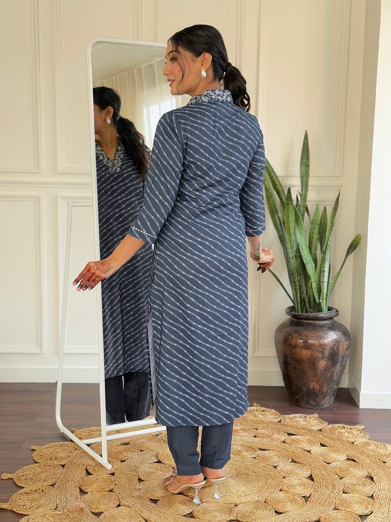 Women's Muslin hand Embroidered Straight Kurta, Pant and Dupatta Set