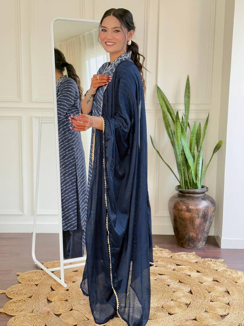 Women's Muslin hand Embroidered Straight Kurta, Pant and Dupatta Set