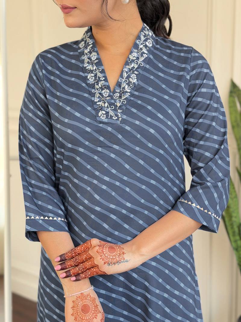 Women's Muslin hand Embroidered Straight Kurta, Pant and Dupatta Set