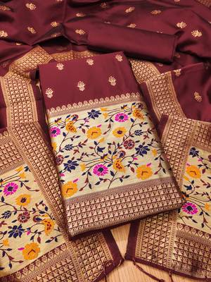 Maroon pure zari soft banarasi silk 3pc dress material 1