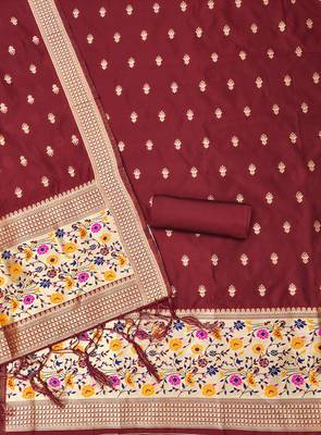 Maroon pure zari soft banarasi silk 3pc dress material 4