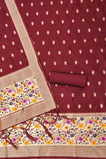Maroon pure zari soft banarasi silk 3pc dress material