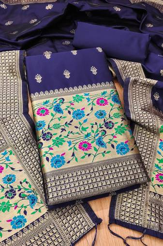 Navy blue pure zari soft banarasi silk 3pc dress material