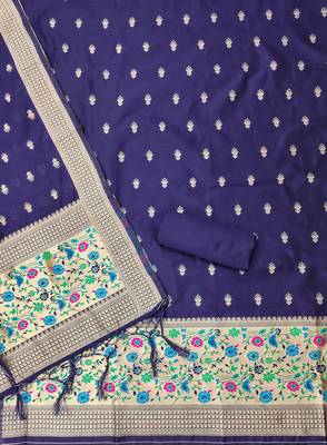 Navy blue pure zari soft banarasi silk 3pc dress material 3