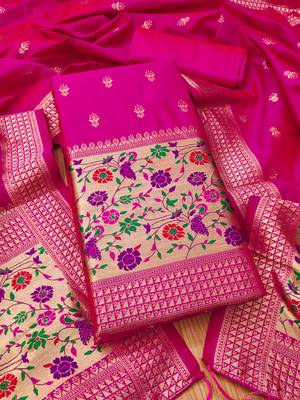 Pink pure zari soft banarasi silk 3pc dress material 1