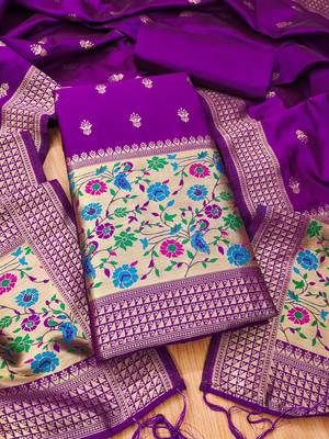 Purple pure zari soft banarasi silk 3pc dress material 1