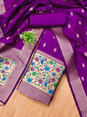 Purple pure zari soft banarasi silk 3pc dress material 3