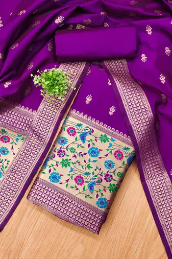 Purple pure zari soft banarasi silk 3pc dress material