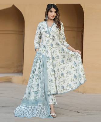 Blue cotton slub fabric printed festive special readymade suit 1