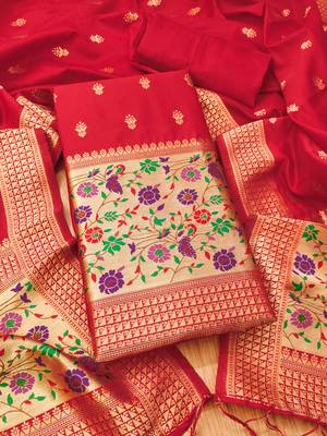 Red pure zari soft banarasi silk 3pc dress material 1