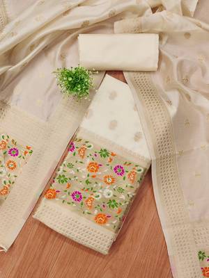 White pure zari soft banarasi silk 3pc dress material 3