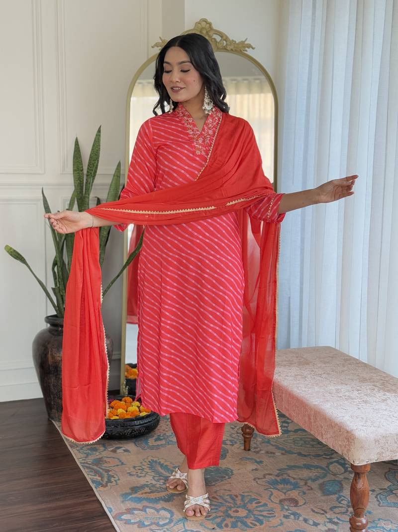 Women's Muslin hand Embroidered Straight Kurta, Pant and Dupatta Set