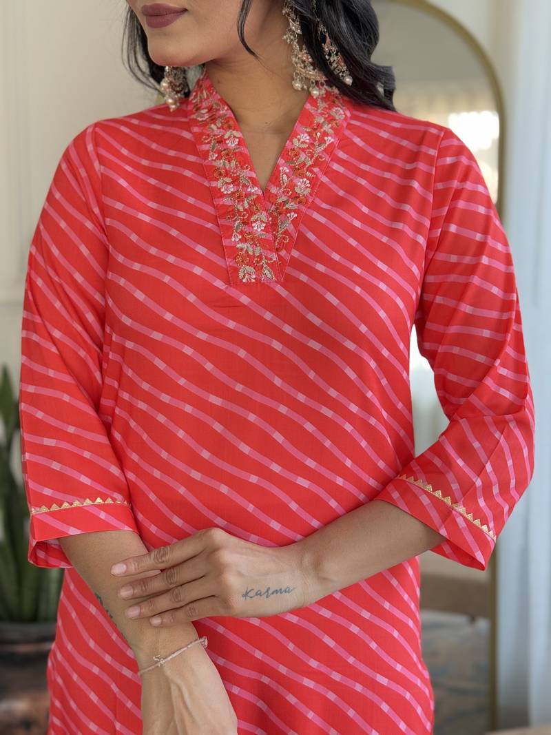 Women's Muslin hand Embroidered Straight Kurta, Pant and Dupatta Set