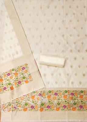 White pure zari soft banarasi silk 3pc dress material 4
