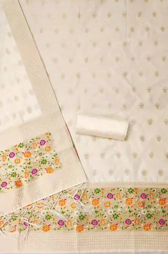 White pure zari soft banarasi silk 3pc dress material