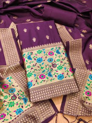 Wine pure zari soft banarasi silk 3pc dress material 1