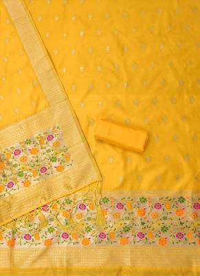 Yellow zari soft banarasi silk 3pc dress material 4