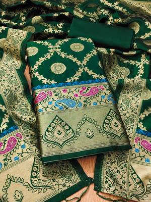 Bottle green pure zari soft banarasi silk 3pc dress material 1