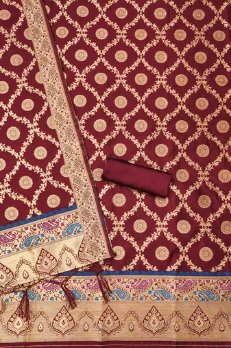 Maroon pure zari soft banarasi silk 3pc dress material