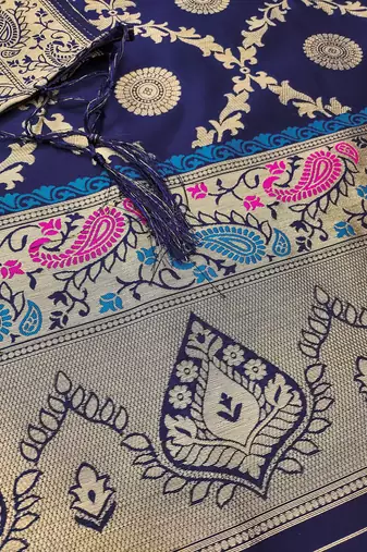 Navy blue pure zari soft banarasi silk 3pc dress material