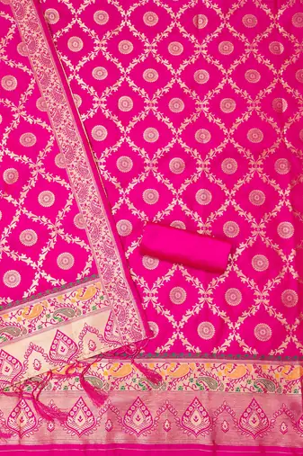 Pink pure zari soft banarasi silk 3pc dress material