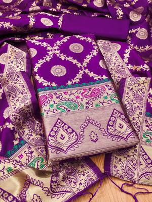 Purple pure zari soft banarasi silk 3pc dress material 1
