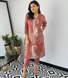 Red viscosee printed kurta set