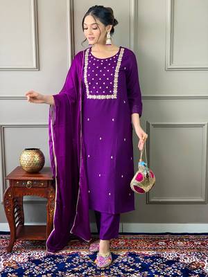 Violet Rayon Slub Embroidered work Straight cut Kurta Pant and Dupatta Set 1