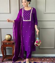 Violet Rayon Slub Embroidered work Straight cut Kurta Pant and Dupatta Set
