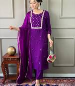 Violet Rayon Slub Fabric Embroidered work Straight cut Kurta, Pant and Dupatta Set