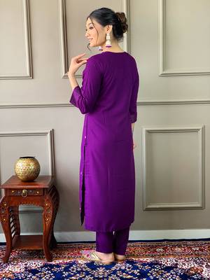 Violet Rayon Slub Embroidered work Straight cut Kurta Pant and Dupatta Set 2