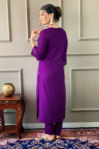 Violet Rayon Slub Embroidered work Straight cut Kurta Pant and Dupatta Set